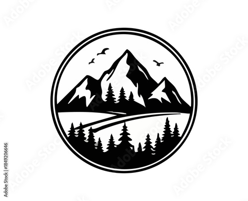 Circular Mountain Forest Landscape with Flying Birds Vector