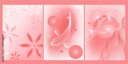 Lunar new year cards in red, pink, white shades. Koi fish, flowers, monochrome gradient background. Blurred, unfocused modern design with line art. 