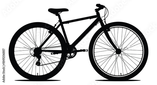 A striking black silhouette of a mountain bike stands prominently against a white background silhouette