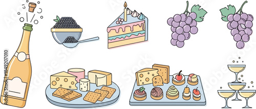 Delightful Culinary Illustration Featuring Wine, Cake, Grapes, and Gourmet Treats.