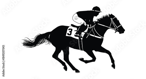 A dynamic depiction of a horse and jockey in full gallop a striking silhouette