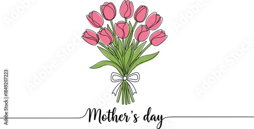 Mother’s Day Floral Illustration Featuring Pink Tulip Bouquet with Elegant Handwritten Typography for Greeting Cards, Celebration Designs, and Loving Family Messages