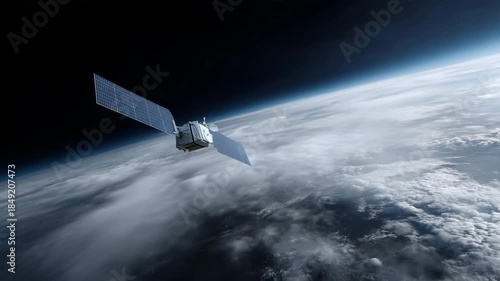 Modern GPS satellite orbiting the Earth above swirling cloud formations, detailed spacecraft with large rectangular solar panels and