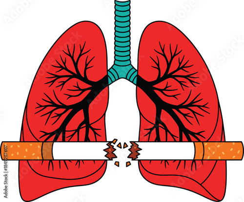 Anti Smoking Health Illustration Showing Damaged Lungs and Broken Cigarette Symbol Representing Tobacco Harm, Lung Disease Awareness, and Stop Smoking Campaign Design