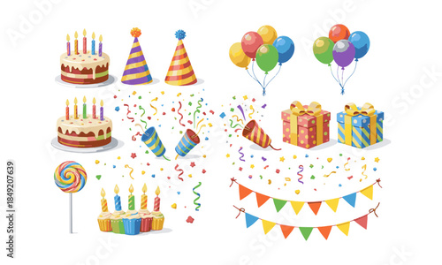 Birthday party icons set with colorful celebration objects
 Vector illustration, easily editable.