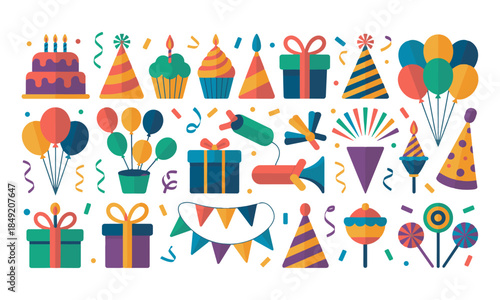 Birthday decoration elements with bunting balloons cake and gifts Vector illustration, easily editable.