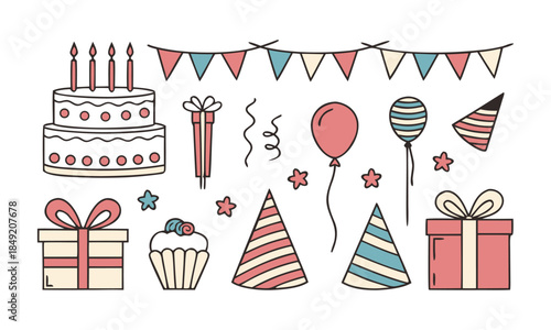 Kids birthday party decorations vector elements isolated set illustration , easily editable.