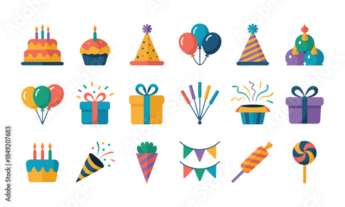 Birthday party elements vector illustration set with balloons cake gifts, easily editable.