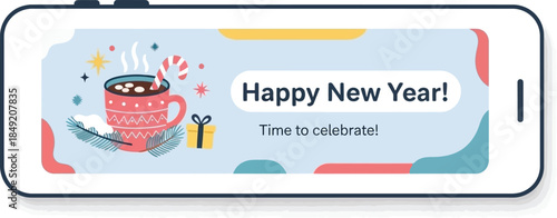 Festive New Year Greeting Card with Cute Marshmallow Hot Chocolate Mug.