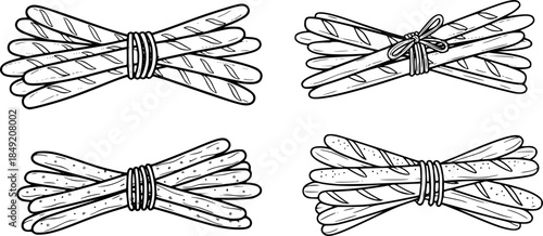 Bread Sticks Tied Together Simple Line Art Vector Set
