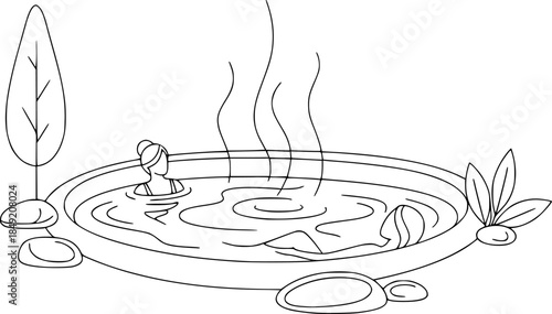 Thermal Spa Hot Spring Pool Minimalist Line Art Vector
