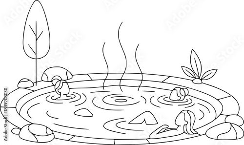 Thermal Spa Hot Spring Pool Minimalist Line Art Vector
