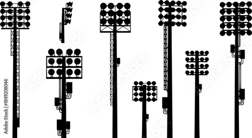 Transparent PNG available
Stadium light pole silhouette set, floodlight vector illustration, sports field illumination design, outdoor arena lighting system, electricity infrastructure drawing, engine