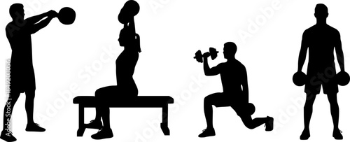 Four exercise silhouettes — kettlebell swing, seated dumbbell shoulder press, lunge with dumbbell, standing dumbbell shoulder press, fitness training illustration ... 