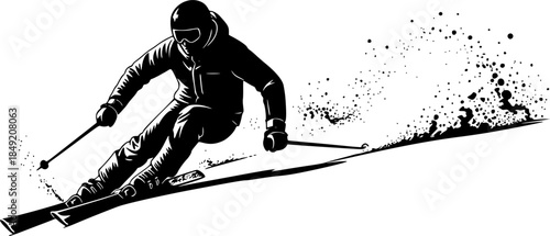 Dynamic skiing silhouette, skier in motion, winter sports action, alpine skiing, extreme sport, ski poles, downhill skiing, snow adventure.
