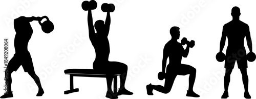 Four exercise silhouettes — kettlebell swing, seated dumbbell shoulder press, lunge with dumbbell, standing dumbbell shoulder press, fitness training illustration ... 

