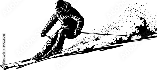 Dynamic skiing silhouette, skier in motion, winter sports action, alpine skiing, extreme sport, ski poles, downhill skiing, snow adventure.
