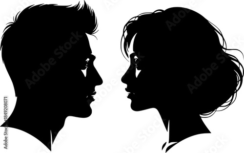 vector set, Vector illustration of silhouette man and woman portrait in profile. Male and female head on a white background side view.
