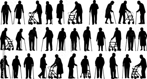 Group of elderly senior people with walking aids silhouette set large collection.
