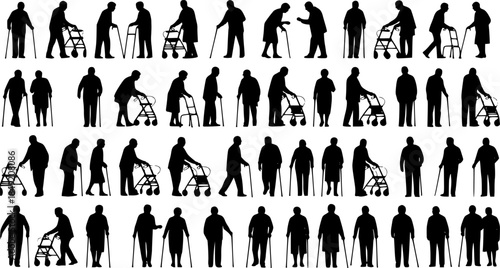 Group of elderly senior people with walking aids silhouette set large collection.
