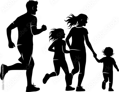 Running family silhouettes, fitness activity, healthy lifestyle, parent and child jogging, black vector art, outdoor exercise, bonding momentRunning family ... 
