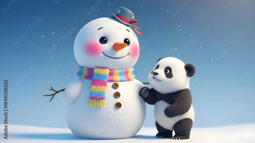 Obraz premium Snowman and panda in winter wonderland scene