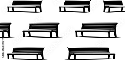 park benches, silhouettes, black and white, minimalist design, urban furniture, geometric shapes, outdoor seating, public spaces, simple lines, repetitive pattern, clean aesthetic, architectural See L