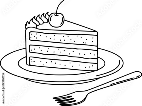 Slice of Layered Cake on Plate Simple Line Art Vector
