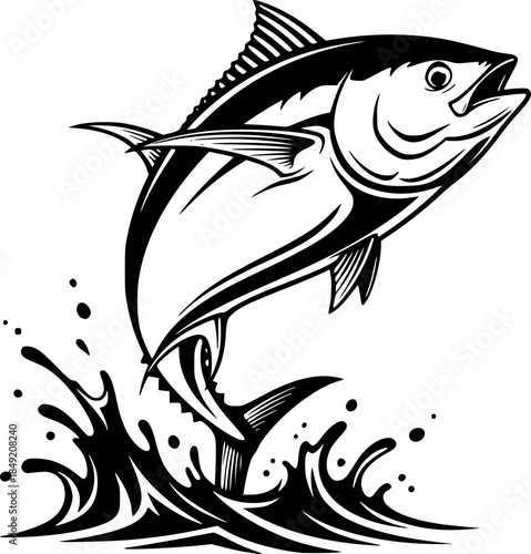Majestic tuna fish leaps upwards in monochrome graphic illustration design
