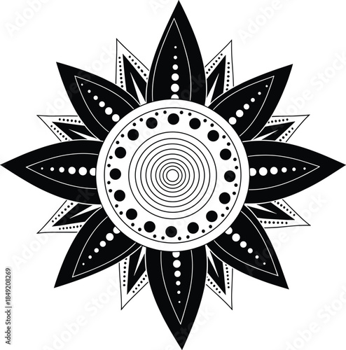 Black and White Mandala Floral Ornament Illustration Featuring Geometric Petal Pattern, Circular Symmetry, and Decorative Ethnic Art for Tattoo, Yoga, and Graphic Design