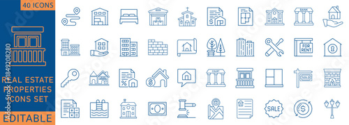 Editable line icon set for real estate, properties, housing, rental, sale, mortgage and property management. Ideal for real estate websites, apps, dashboards and presentations.