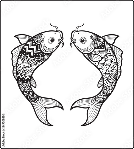 Koi fish coloring page for adults with detailed pattern hand drawn illustration for anti stress coloring book design