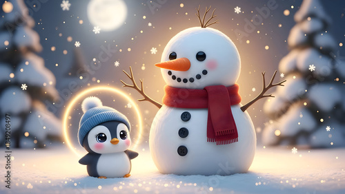 Snowman and penguin friends in winter wonderland scene