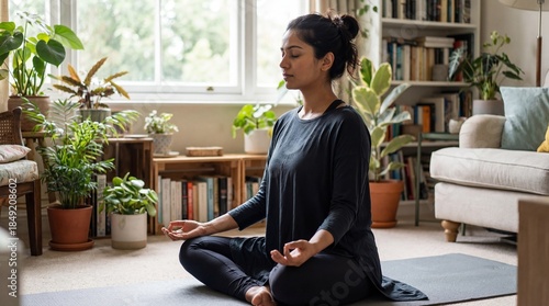 Peaceful South Asian Woman in Modest Activewear Practicing Yoga and Mindfulness in Sunlit Authentic Living Room