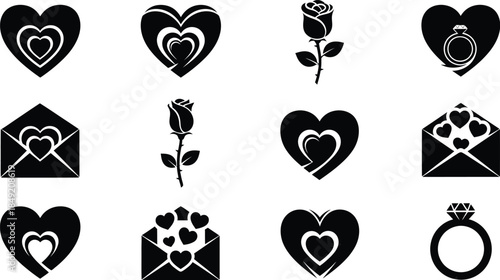 Black icons of hearts, envelopes, rose, flowers, and jewelry on