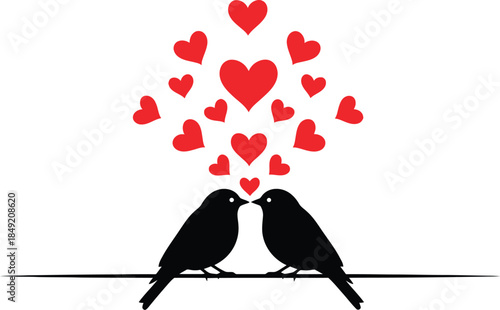 Two black birds kissing with red hearts floating above on