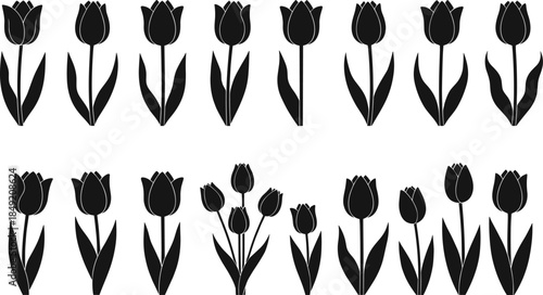 Tulip Flower Silhouette Icon Set Featuring Elegant Spring Floral Shapes and Minimal Black Botanical Designs for Decoration, Pattern, and Graphic Projects
