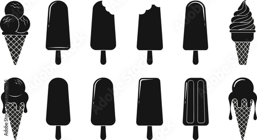 Ice Cream and Popsicle Silhouette Icon Set Featuring Frozen Dessert Shapes, Cones, Bars, and Treats in Black Style for Summer Food and Graphic Design