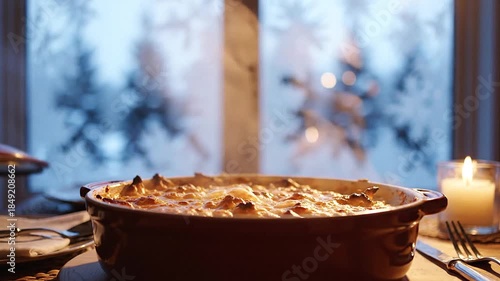 Rack focus from frosty window to steaming casserole dish on table
