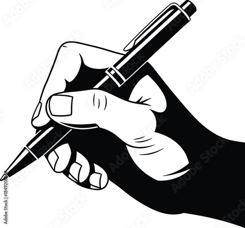 A hand holding a pen in a writing position isolated on