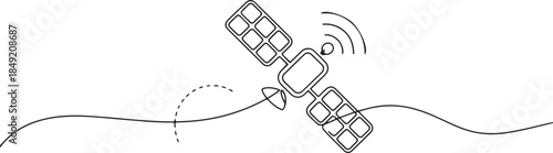 Continuous line drawing of an outer space satellite, showing simple orbit communication. one line Icon drawing