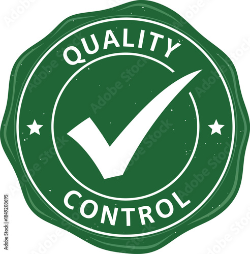 Green quality control stamp with white checkmark isolated on