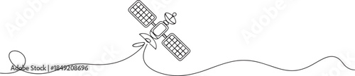 Continuous line drawing of an outer space satellite, showing simple orbit communication. one line Icon drawing