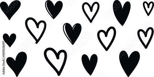Collection of black and white hand drawn hearts isolated on
