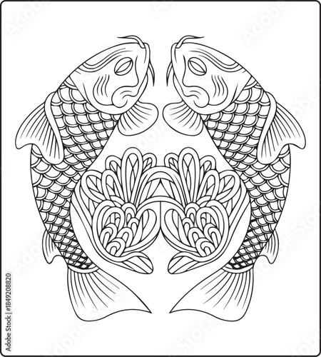 Koi fish coloring page for adults with detailed pattern hand drawn illustration for anti stress coloring book design