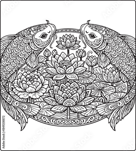 Koi fish coloring page for adults with detailed pattern hand drawn illustration for anti stress coloring book design