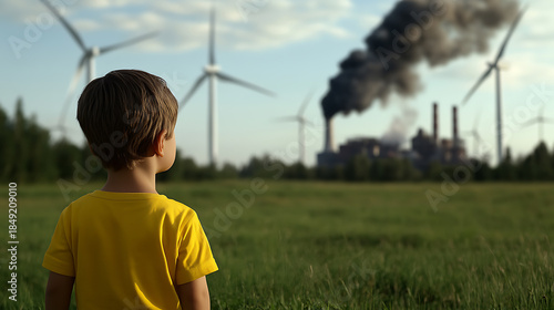 A child gazes toward a power plant releasing smoke, juxtaposed with wind turbines in the backdrop, highlighting environmental concerns. Future generations depend on green initiatives.