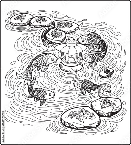 Koi fish coloring page for adults with detailed pattern hand drawn illustration for anti stress coloring book design