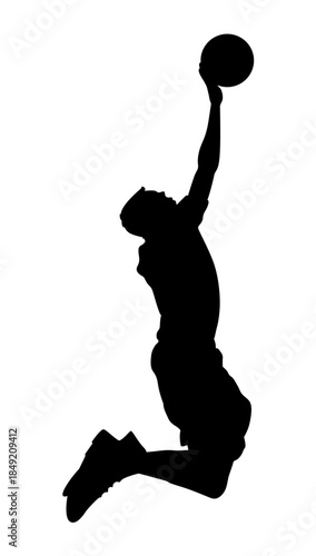 Dynamic Basketball Silhouette: A silhouette of a basketball player executing a powerful jump shot, frozen in the act of soaring through the air. Embodying motion and athleticism.