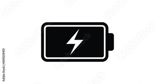 A black and white image displaying a battery icon with a lightning bolt silhouette
